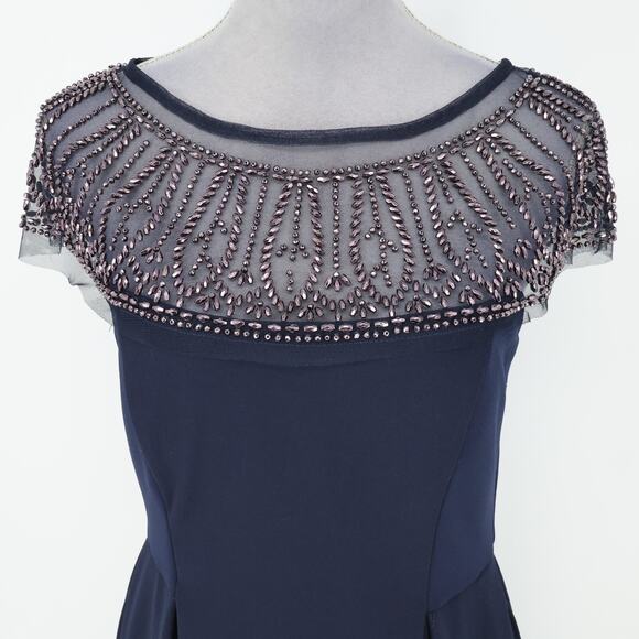 R&M Richards Dress Womens 6 Navy Blue Beaded Mesh Shoulders Bra Cups Zip Party - Picture 14 of 16